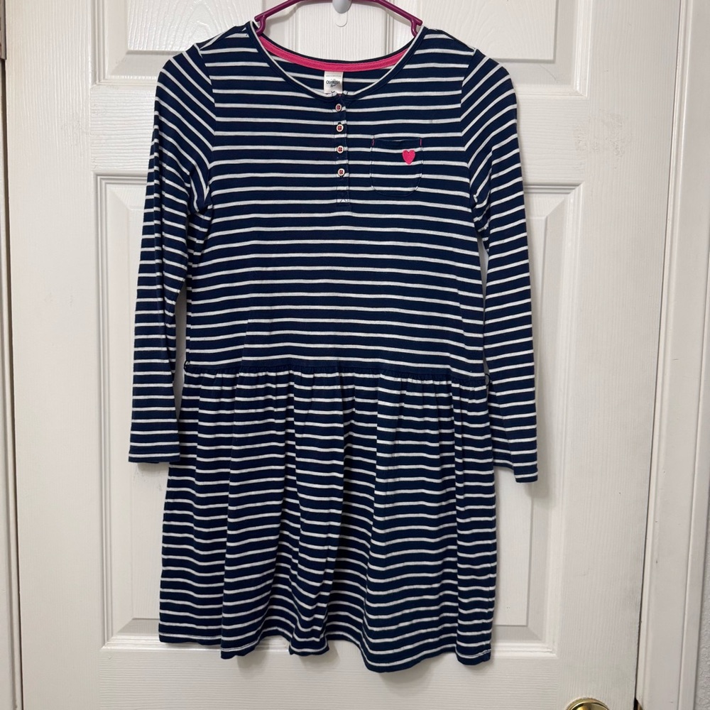 OshKosh Bโgosh Kids Girl Size 14 Navy Blue White Stripes Drop Waist Dress Sleeve